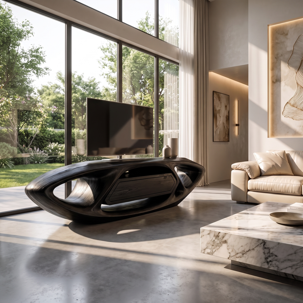 Contemporary TV Cabinet With Sculptural Oval Frame And Open Storage For Living Room - view 4