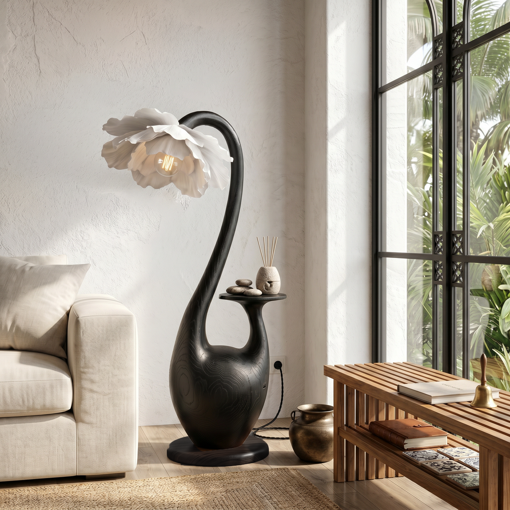 Artistic Floor Lamp With Sculptural Organic Base And Integrated Shelf For Reading Nook - view 4