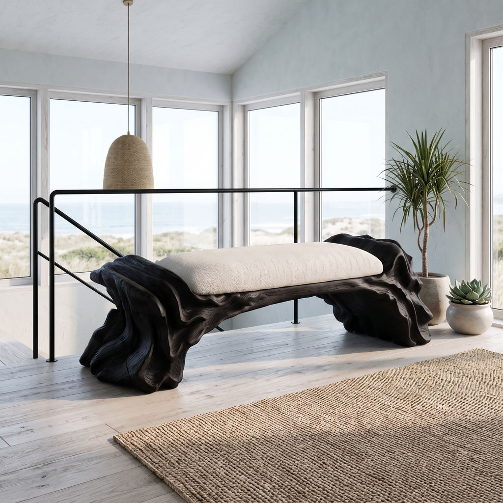 Contemporary Halloween Wood Bench With Oyster Inspired Base For Reading Nook - view 4