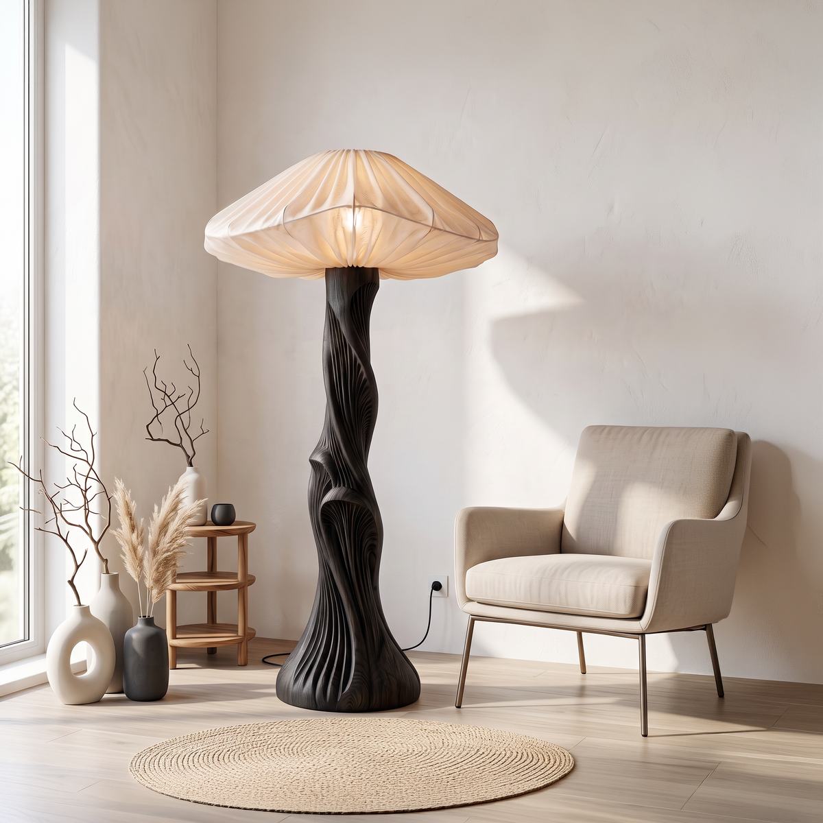 Contemporary Floor Lamp Carved Wood Mushroom Shade Pedestal Lounge - view 4