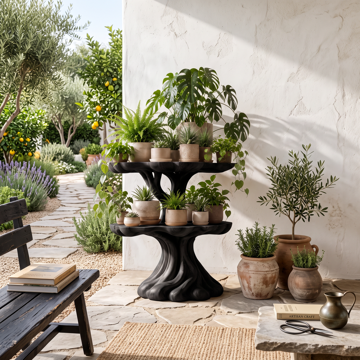 Contemporary Tiered Plant Shelf With Organic Branch Design For Living Room And Entryway - view 4