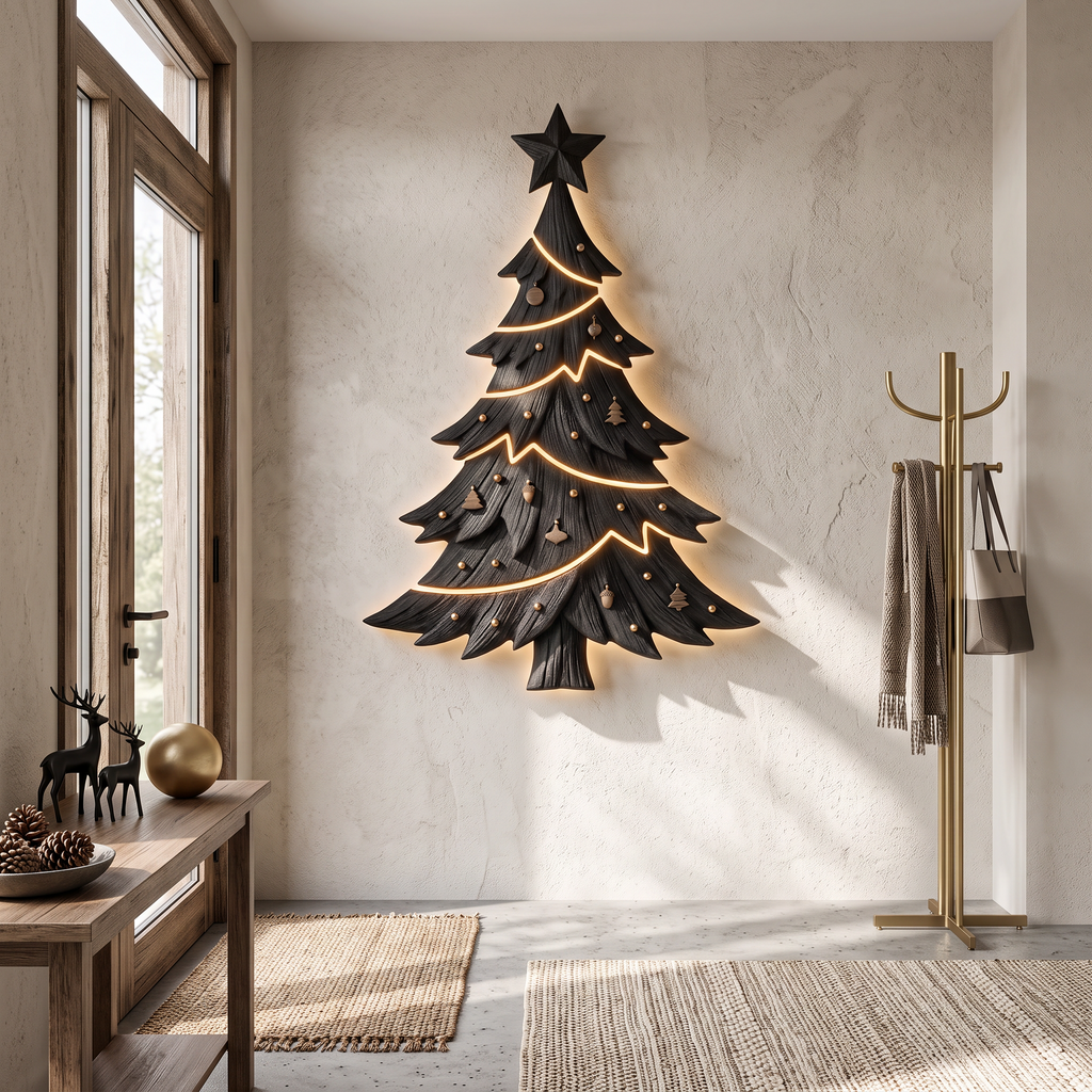 Contemporary Xmas Wall Sculpture With Evergreen Silhouette For Living Room - view 4