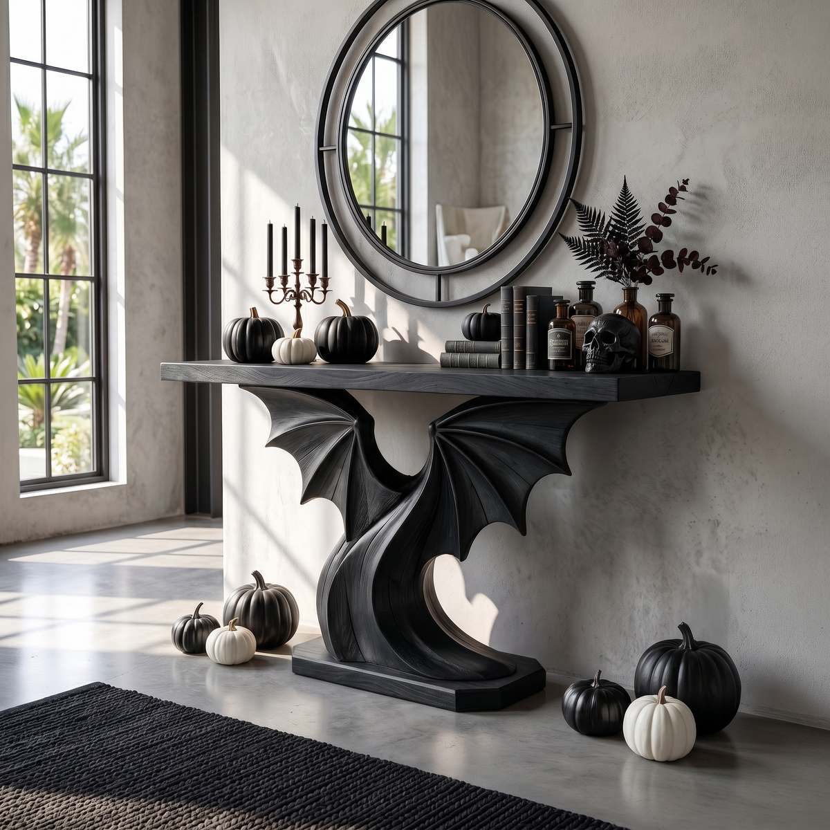 Contemporary Halloween Console Table With Sculptural Bat Wing Design For Entryway And - view 4