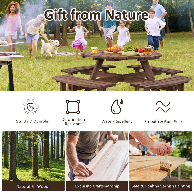 8-Person Outdoor Fir Wood Round Picnic Table Set With 4 Benches And Umbrella Hole - 70.5 x 70.5 x 27.5 in