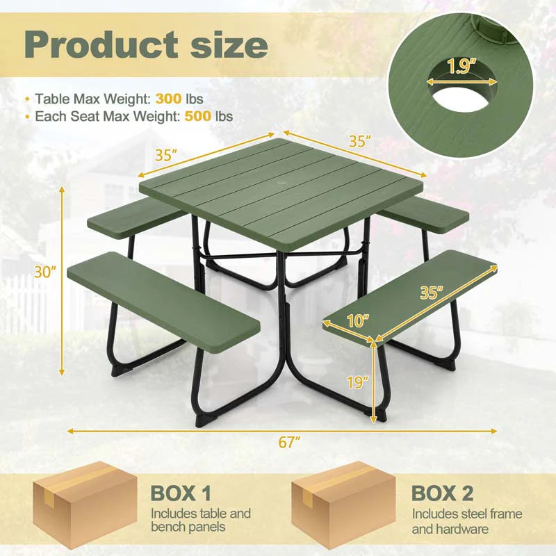 8-Person Outdoor HDPE Square Picnic Table And Bench Set, 67in x 67in x 30in, Metal Frame