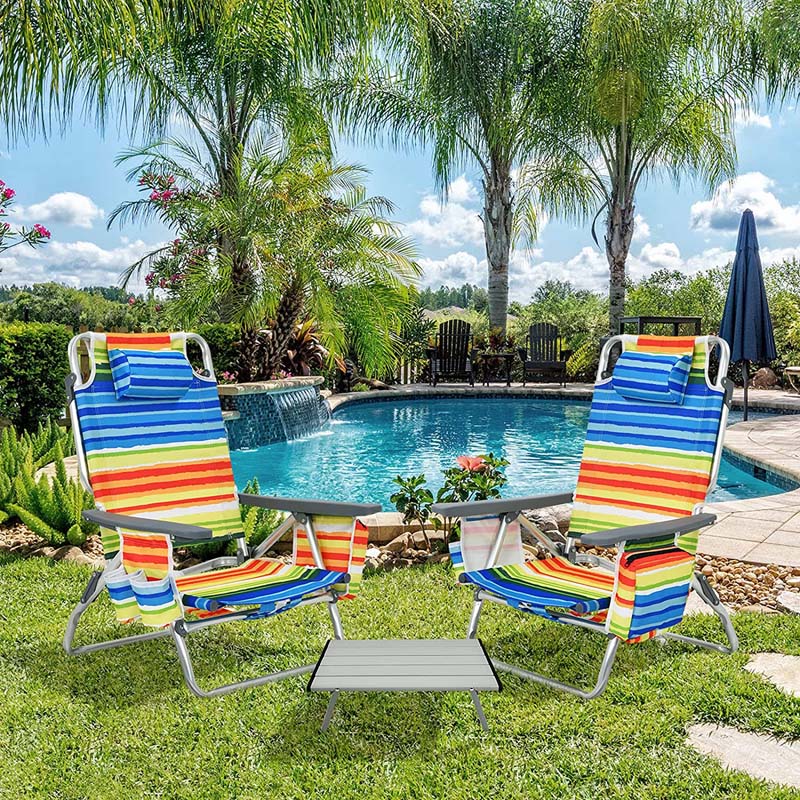 2-Pack 5-Position Outdoor Folding Backpack Beach Chairs With Side Table Set