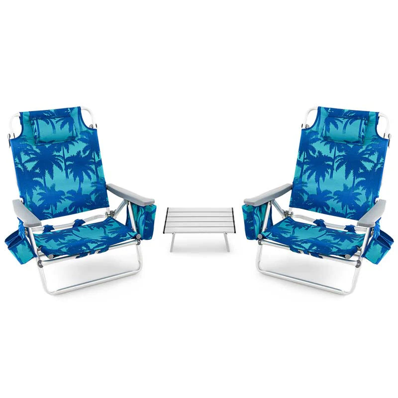 2-Pack 5-Position Outdoor Folding Backpack Beach Chairs With Side Table Set