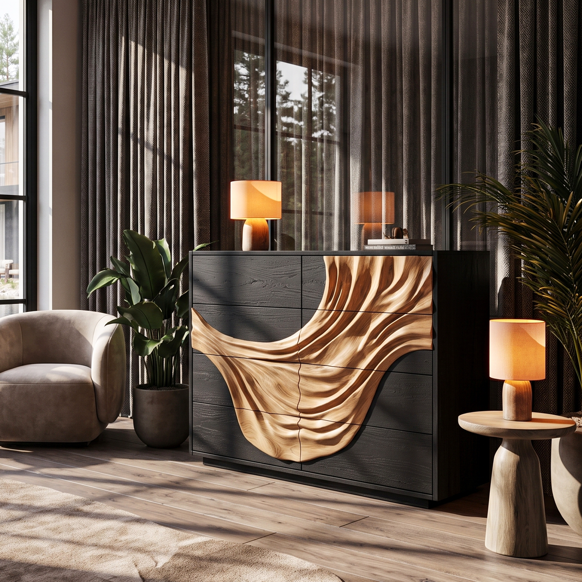Contemporary Black Dresser With Strong Linear Detailing For Bedroom - view 4