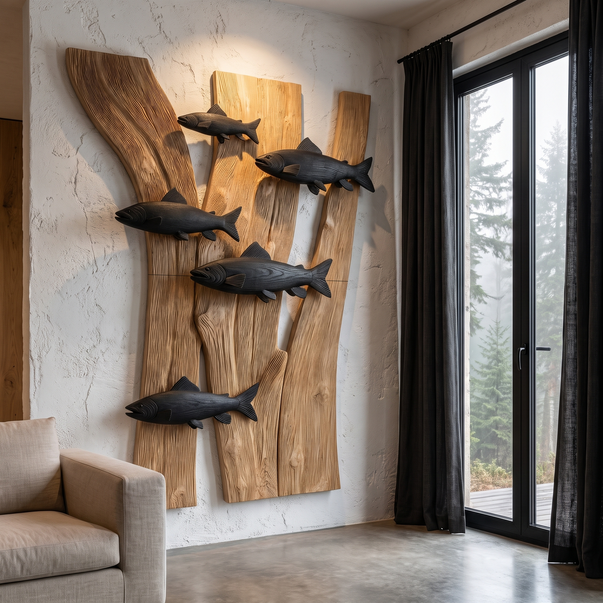 Contemporary Wooden Fish Wall Decor With Sculptural River Scene For Living Room And - view 4