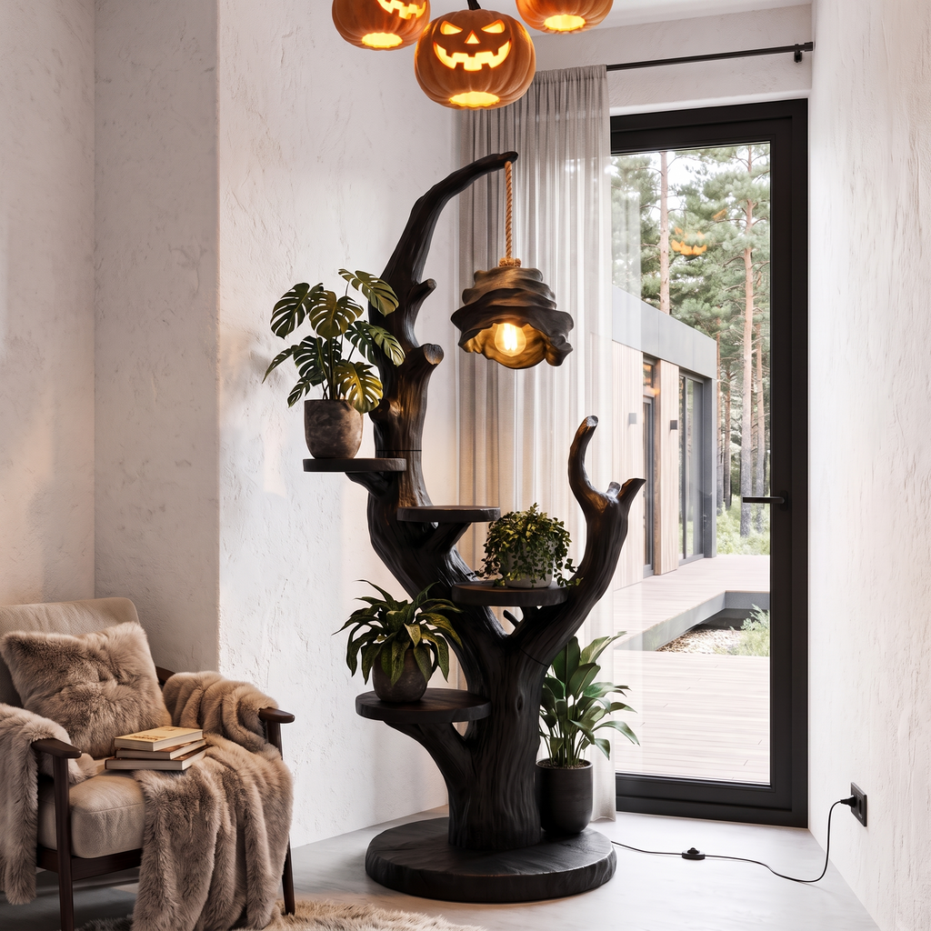 Contemporary Halloween Plant Display Stand With Floating Circular Shelves For Entryway - view 4