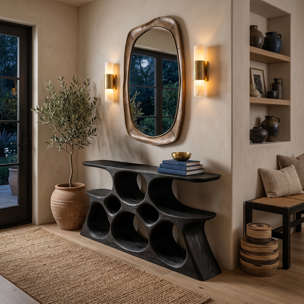 Elegant Wooden Console Table With Sculptural Shelves For Home Decor - view 4