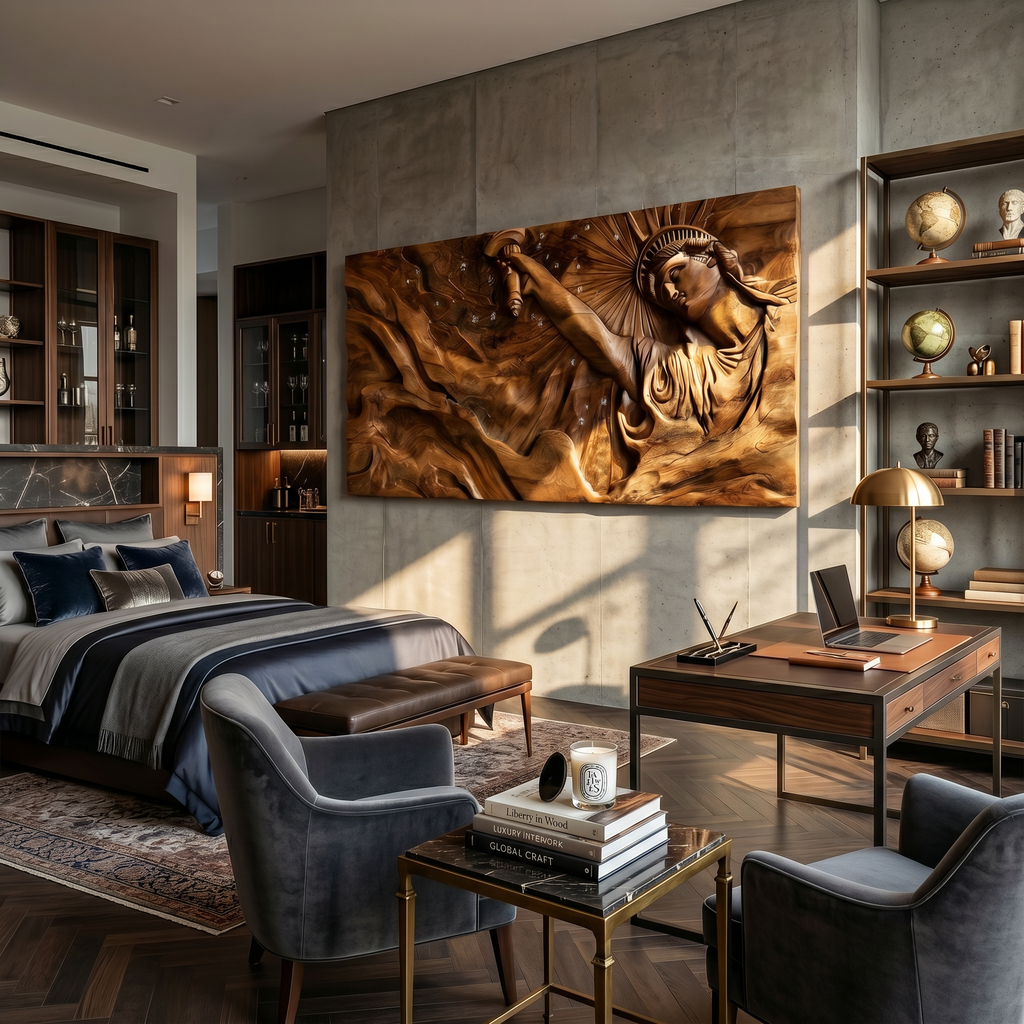 Contemporary Luxe Liberty Wood Wall Art Reception Lobby Interior Design - view 4