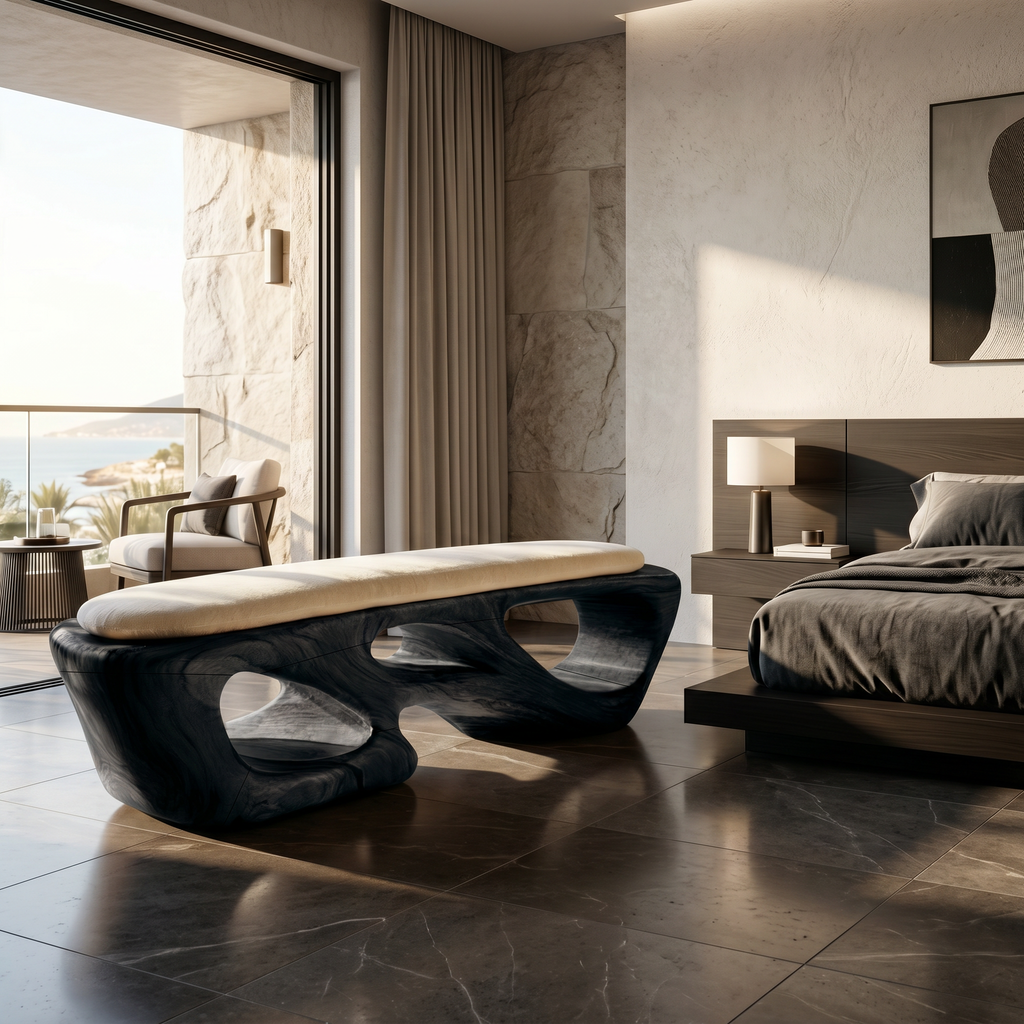 Curved Solid Wood Bench Luxury Living Room - view 4