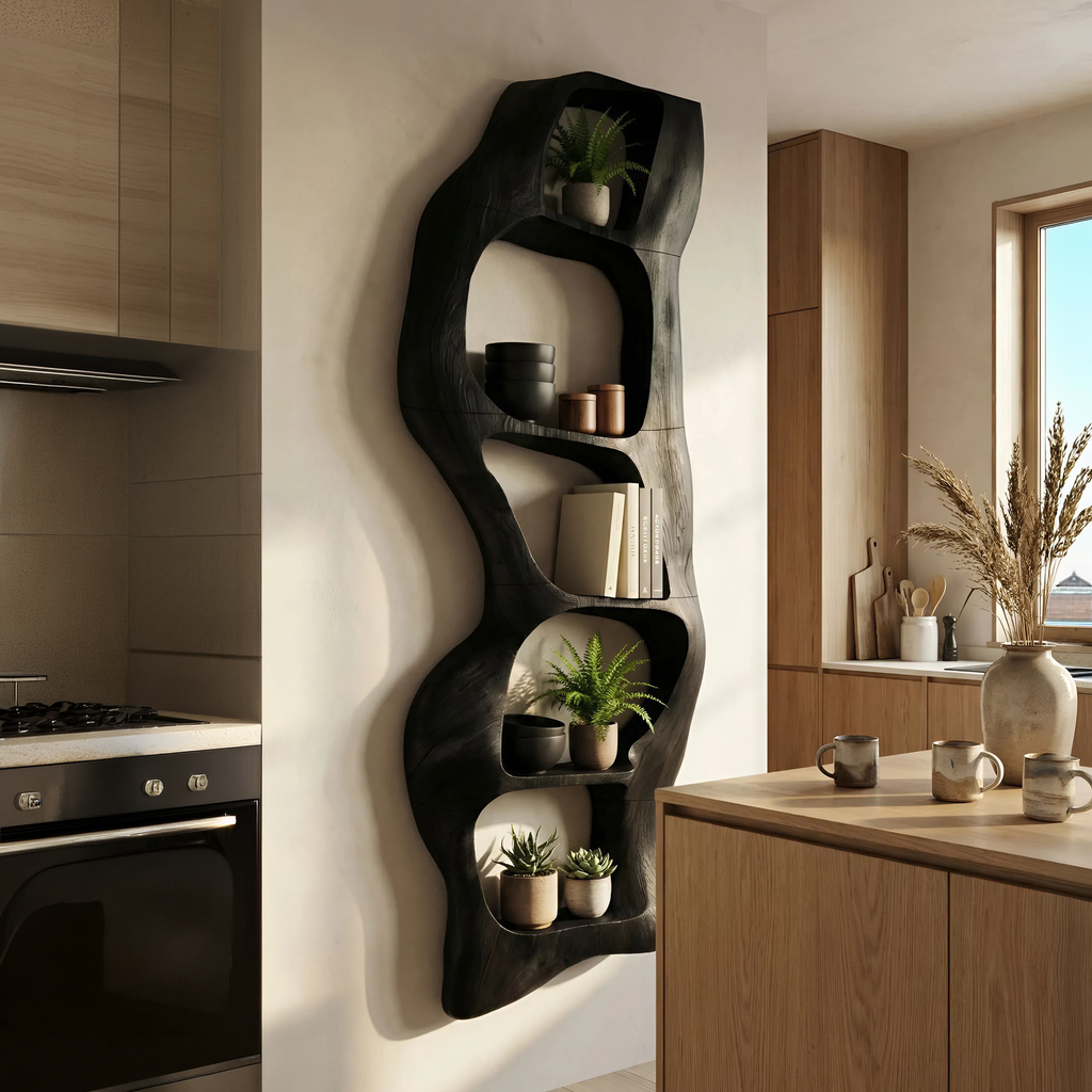 Contemporary Wooden Wall Shelf, Handcrafted Solid Wood Floating Storage Display Ledge Rack - view 4