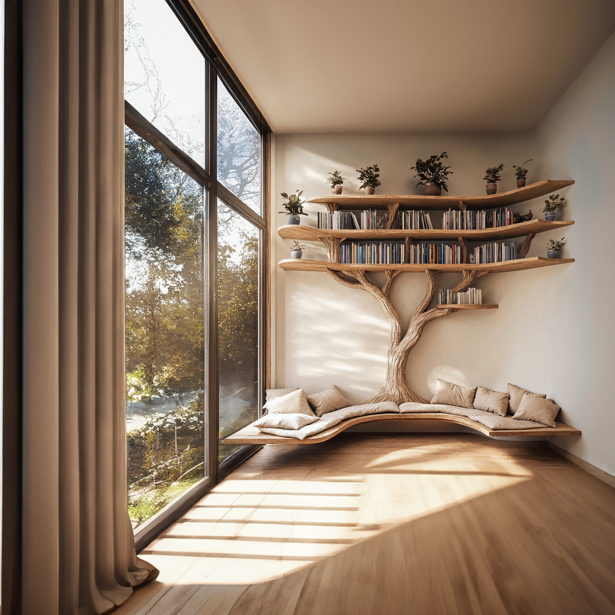 Driftwood Branch Tree Bookshelf With U Shaped Bench Custom Corner Bench - view 2