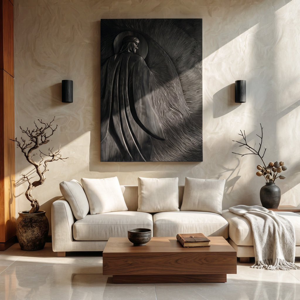Contemporary Wooden Wall Art With Carved Figure For Living Room - view 4