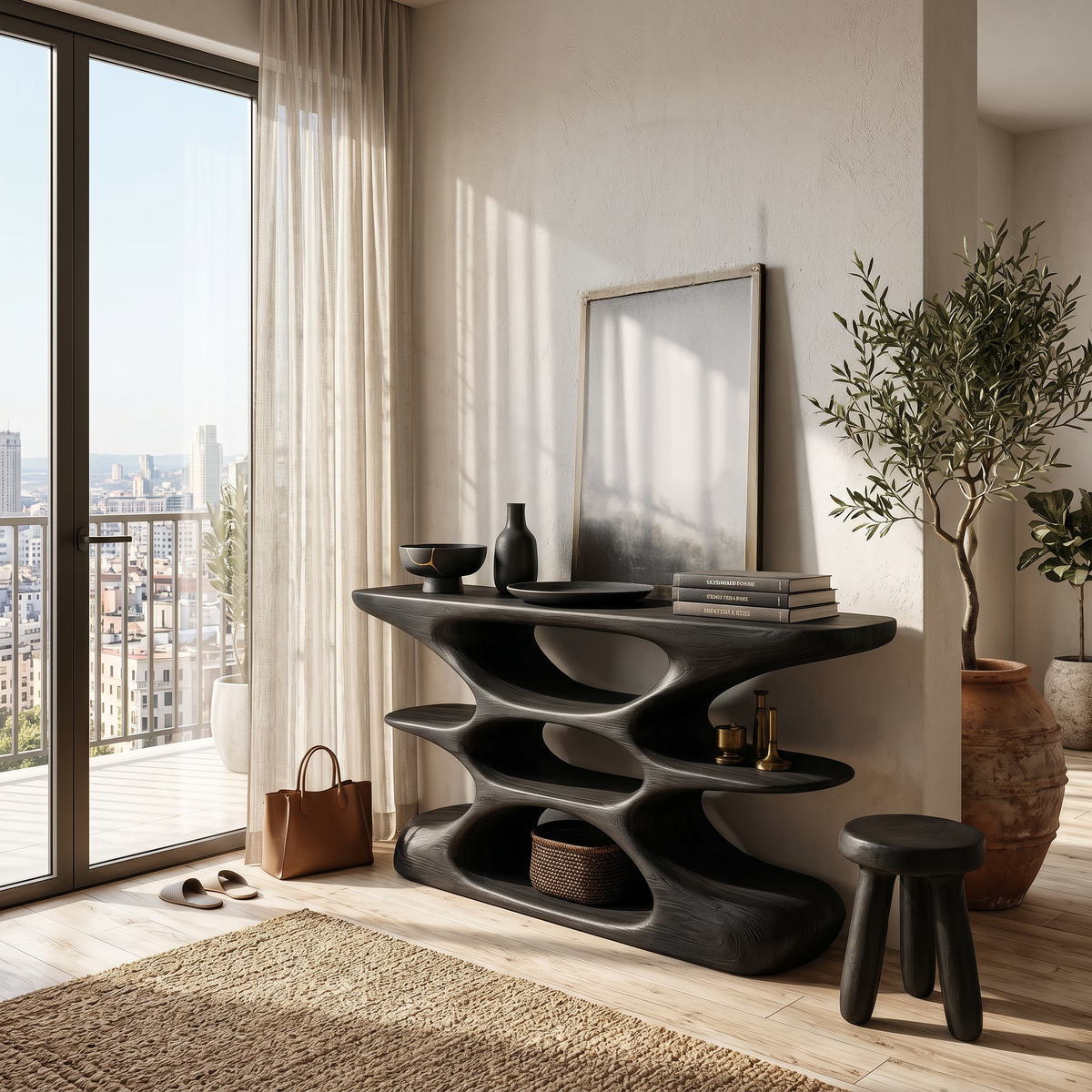 Contemporary Sculptural Wood Console Table With Cutout Shelves For Living - view 4