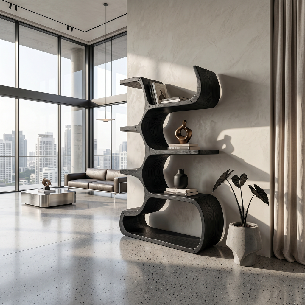 Contemporary Wooden Bookcase In Sculpted Curves - view 4