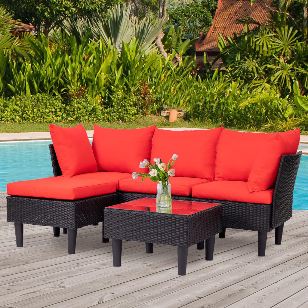 4-Piece Outdoor Rattan Wicker Patio Conversation Set With Tempered Glass Table