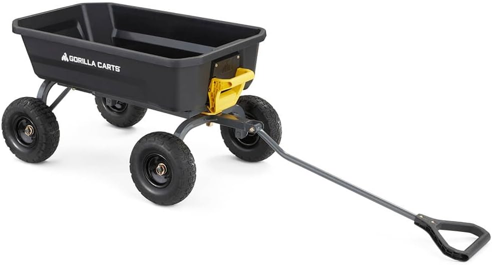 Poly Dump Garden Cart With No-Flat Tires And Serrated Shovel, 7 Cubic Feet, 1,200 lb Capacity, Black
