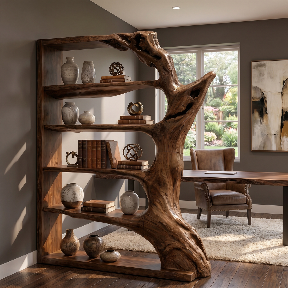 Contemporary Tree Bookshelf, Artistic Solid Wood Branch Book Display Rack Organizer - view 7