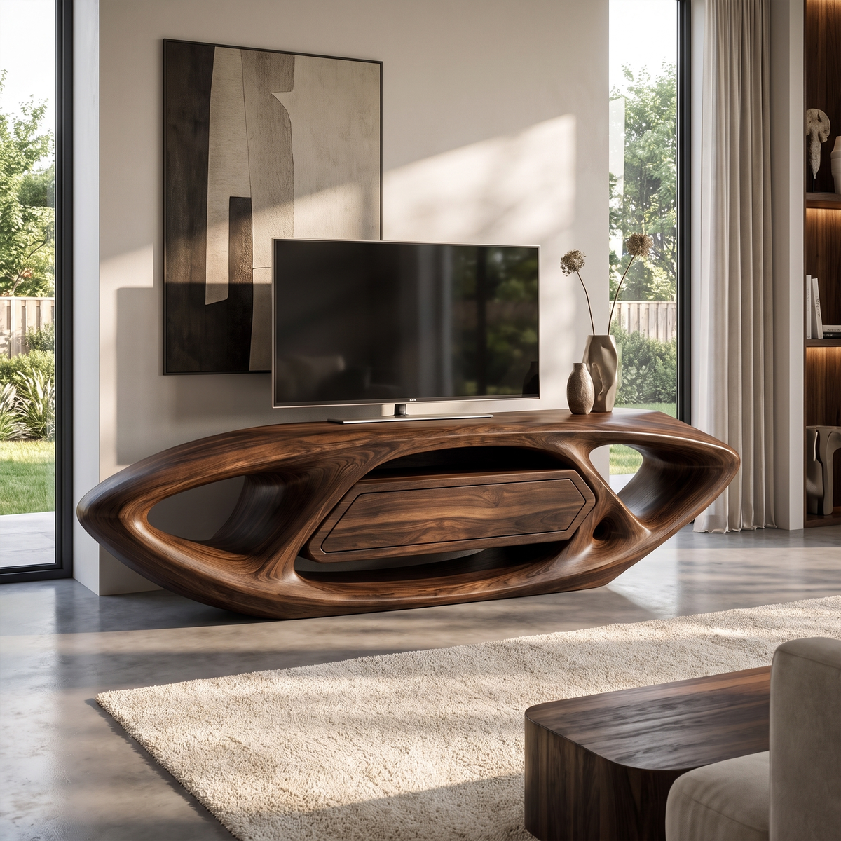 Contemporary TV Cabinet With Sculptural Oval Frame And Open Storage For Living Room - view 7