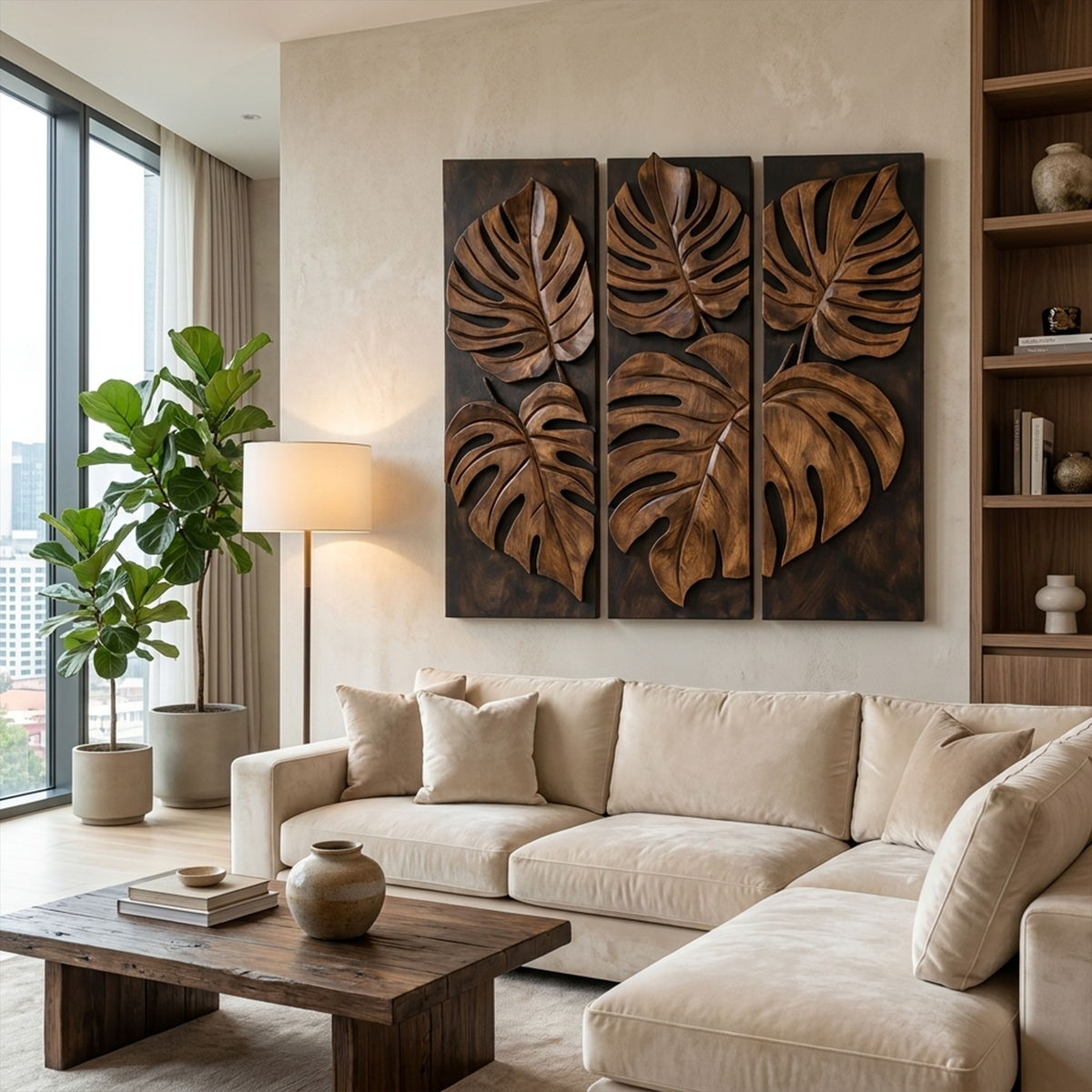 Carved Monstera Leaf Solid Wood Wall Art Triptych Statement Decor - view 7