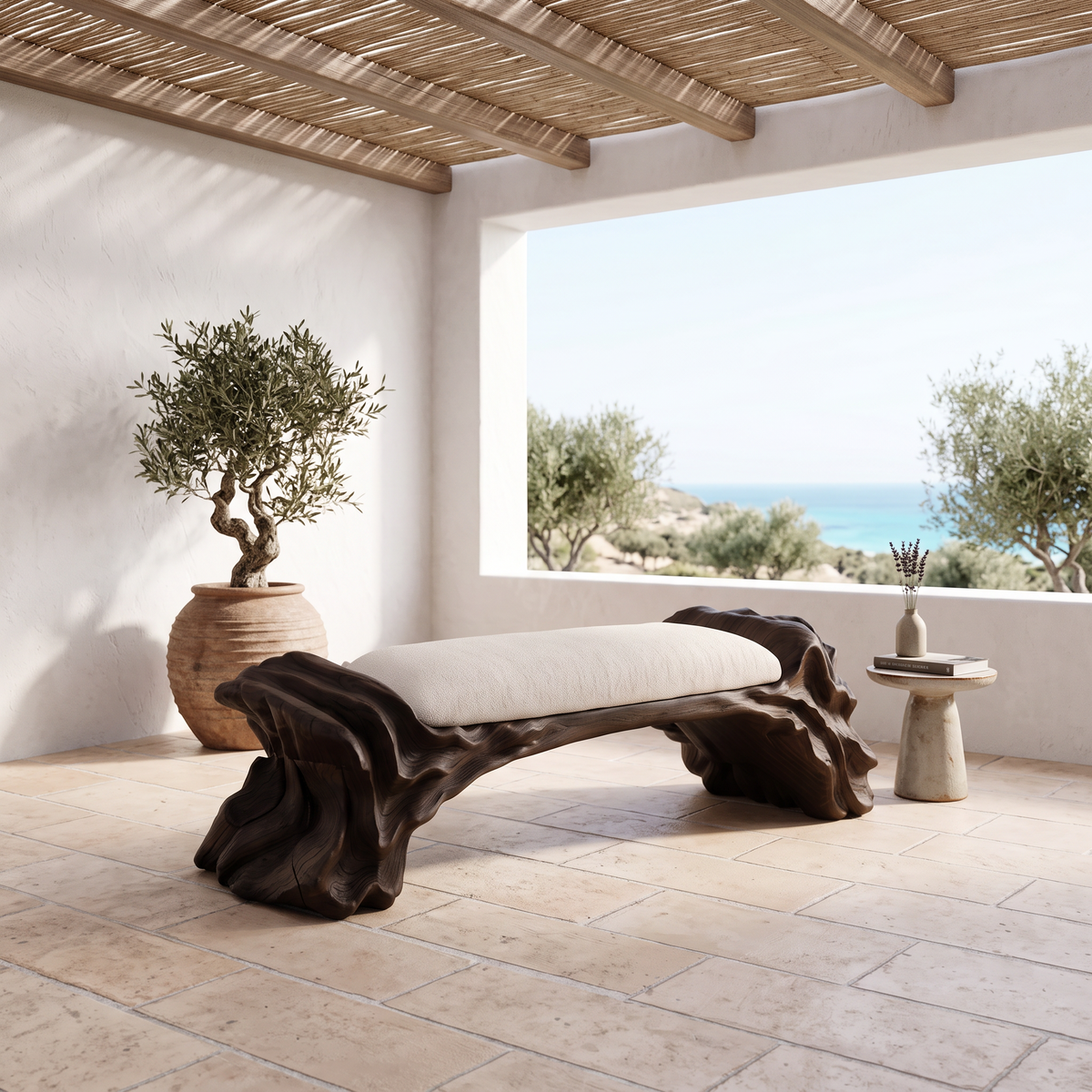 Contemporary Halloween Wood Bench With Oyster Inspired Base For Reading Nook - view 7