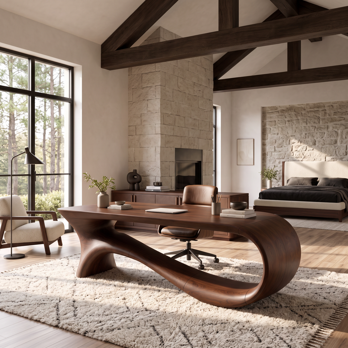 Contemporary Office Desk With Asymmetrical Curved Legs For Workspace - view 7