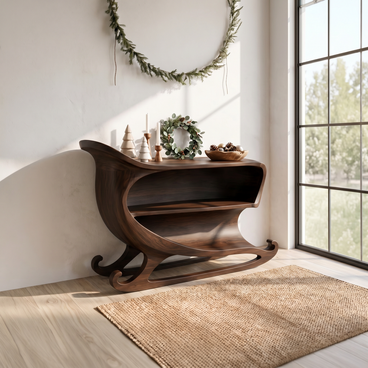 Farmhouse Christmas Console Table With Sleigh Inspired Scroll Design For Entryway And - view 7