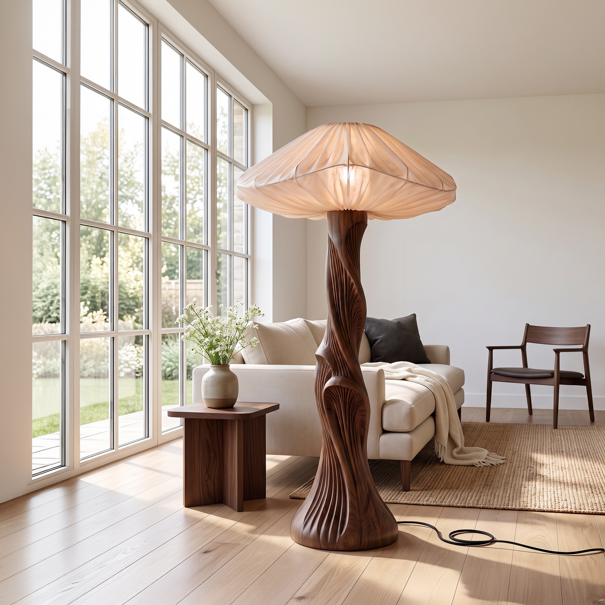 Contemporary Floor Lamp Carved Wood Mushroom Shade Pedestal Lounge - view 7