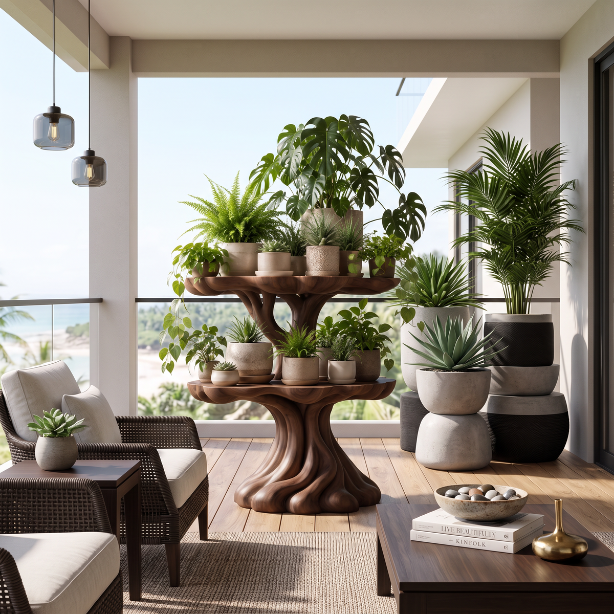Contemporary Tiered Plant Shelf With Organic Branch Design For Living Room And Entryway - view 7