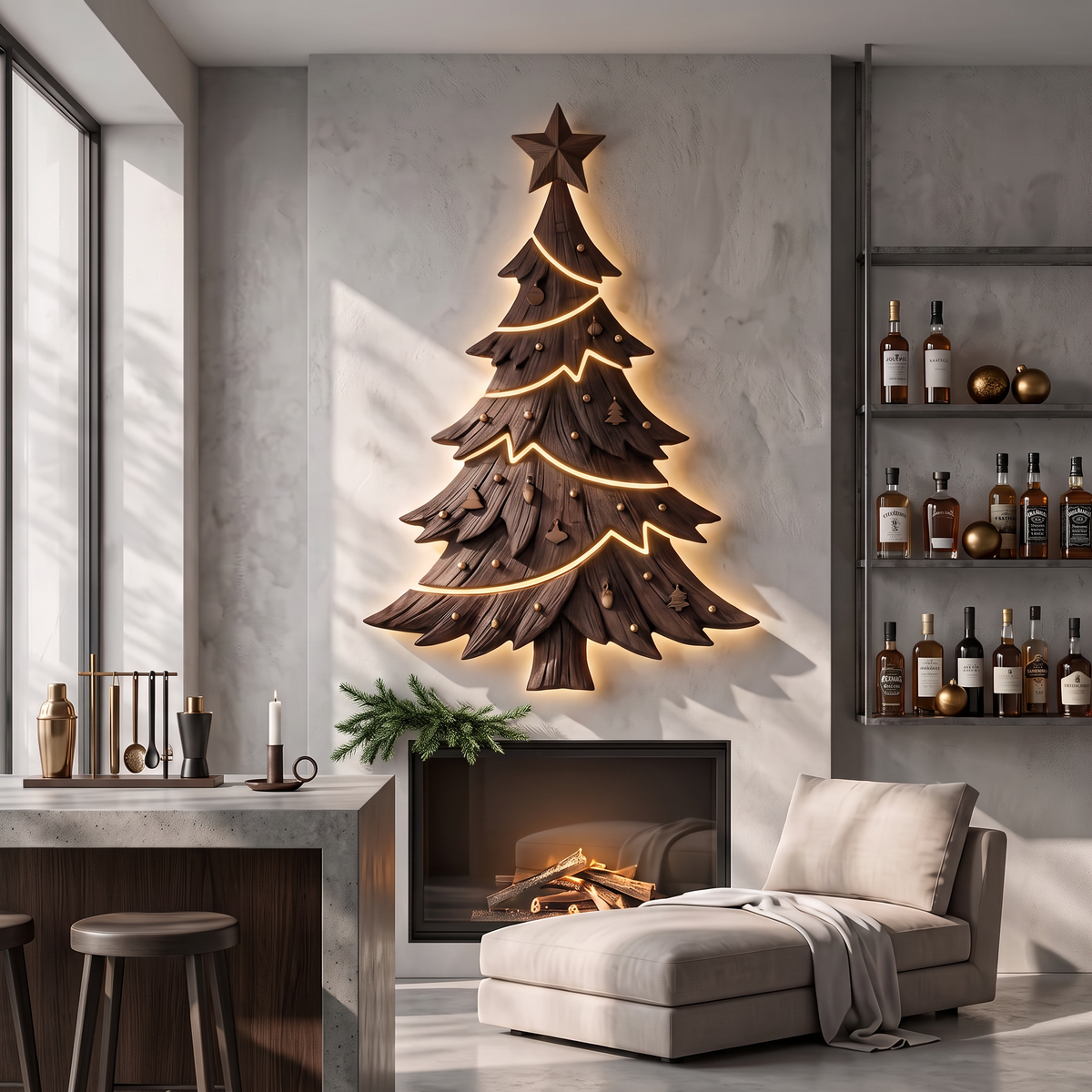 Contemporary Xmas Wall Sculpture With Evergreen Silhouette For Living Room - view 7