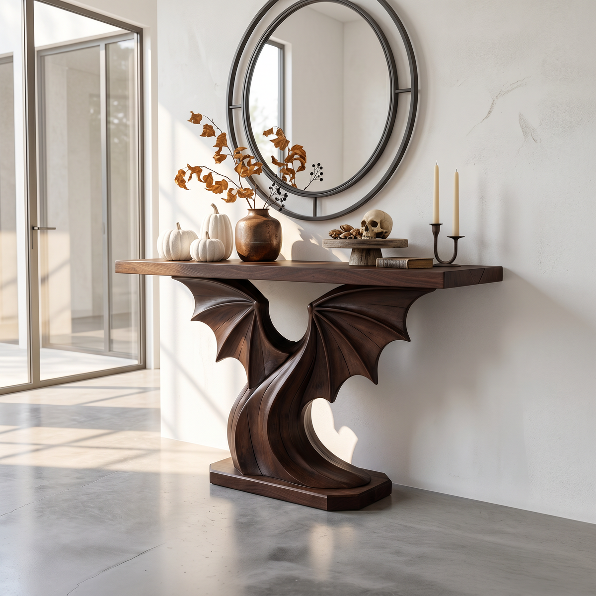 Contemporary Halloween Console Table With Sculptural Bat Wing Design For Entryway And - view 7