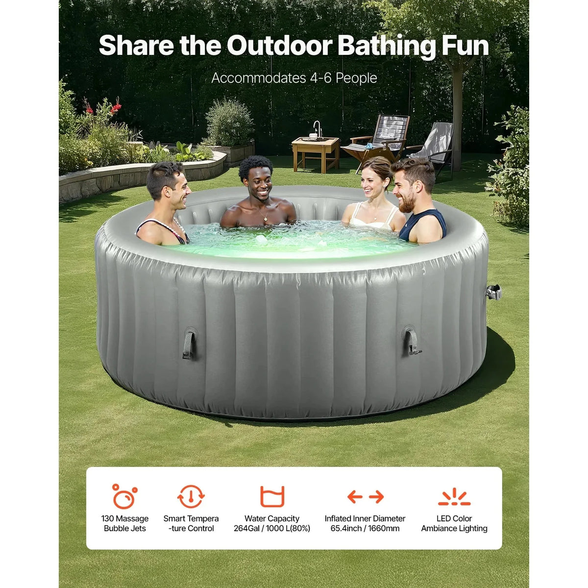 KFFKFF Inflatable Hot Tub, 4-6 Person, 81.9 x 26 in, 130 Jets, PVC, Grey - KSW0018