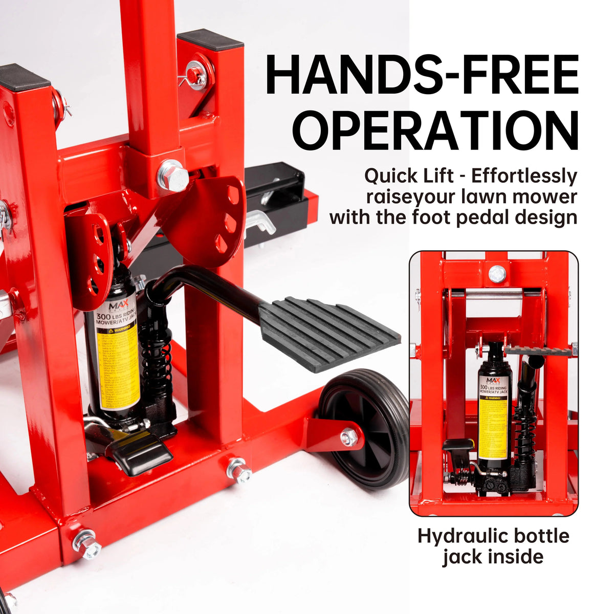 Adjustable Riding Lift Jack, 300lb Capacity, Safety Lock, Non-Slip Wheels And Handle