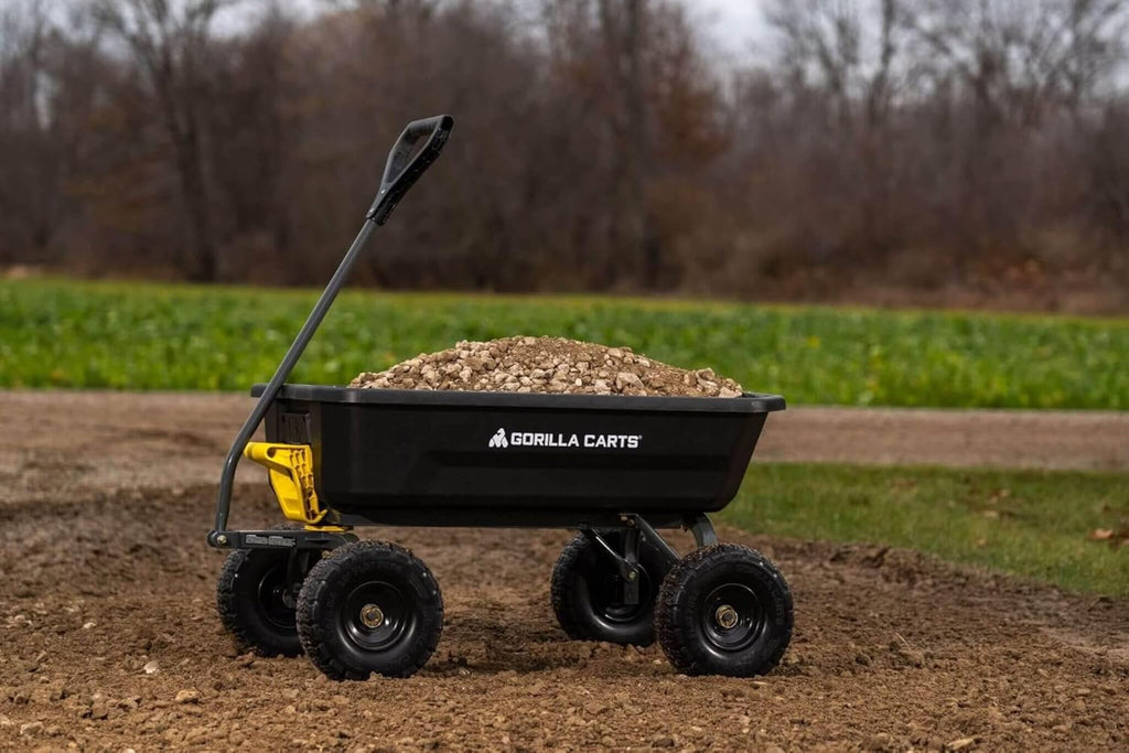 Poly Dump Garden Cart With No-Flat Tires And Serrated Shovel, 7 Cubic Feet, 1,200 lb Capacity, Black