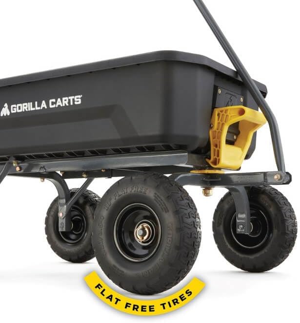 Poly Dump Garden Cart With No-Flat Tires And Serrated Shovel, 7 Cubic Feet, 1,200 lb Capacity, Black