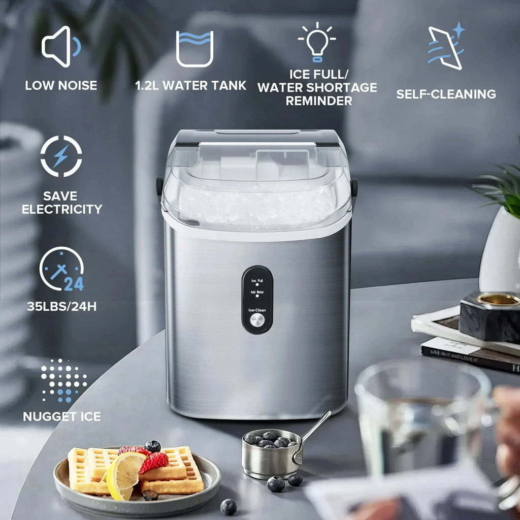 Auseo Countertop Nugget Ice Maker, 35Lbs/24H, 1.1L, Stainless Steel Silver - Self-Cleaning