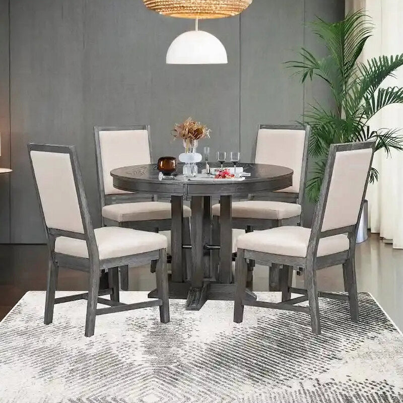 Farmhouse Extendable Round Dining Table Set With 4 Upholstered Chairs - 5-Piece