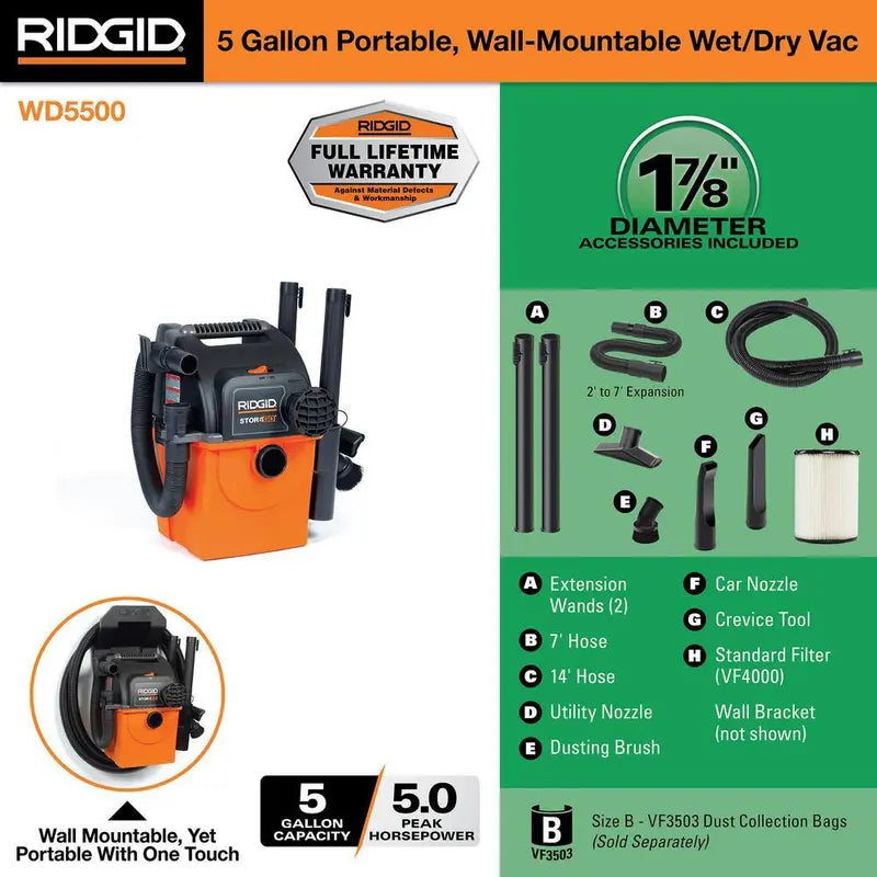 RIDGID 5 Gallon 5.0 Peak HP Wall-Mountable Wet/Dry Shop Vacuum With Two Locking Hoses And Accessories - WD5500