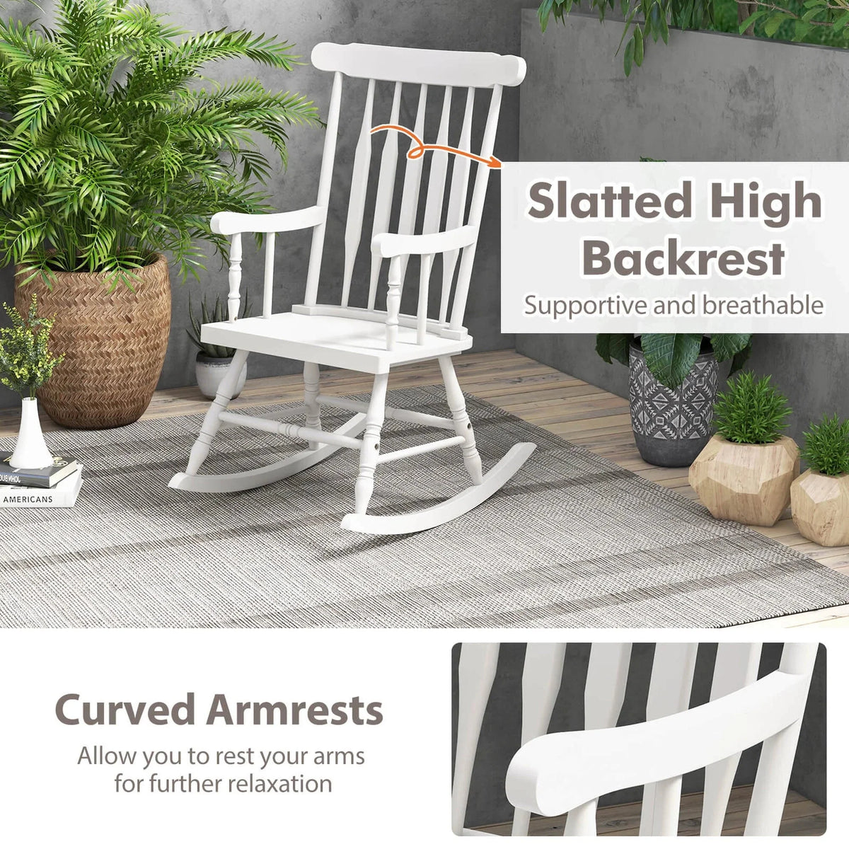 Costway Rubber Wood Rocking Chair, White, 22 x 32 x 44 in, 300 lbs
