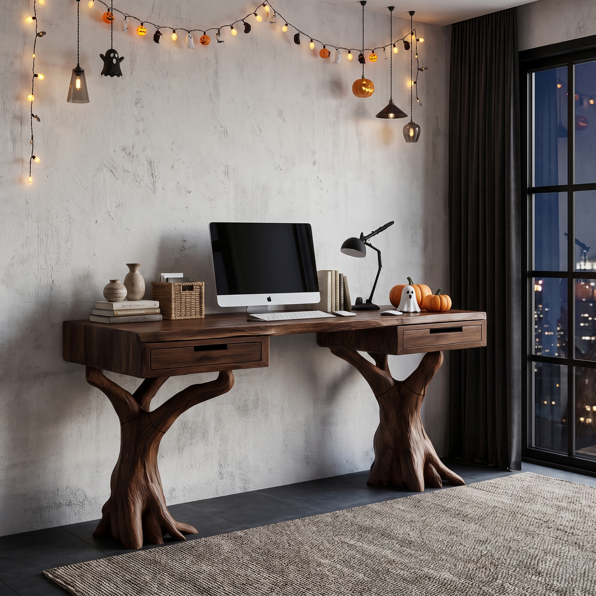 Contemporary Halloween Storage Desk With Pumpkin Display Shelves For Home Office - view 7