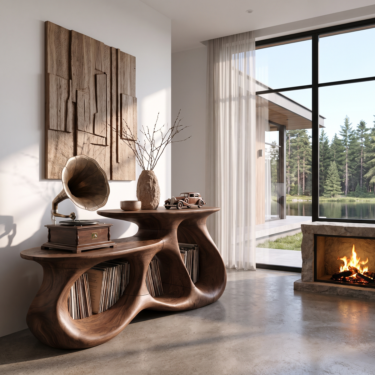 Contemporary Vinyl Record Cabinet With Interlocking Curved Forms For Living Room - view 7