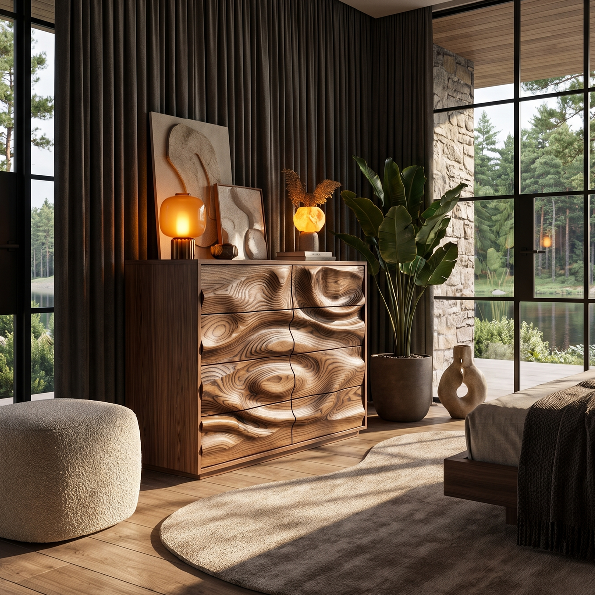 Contemporary Wooden Dresser With Sculpted Ripple Drawers For Bedroom - view 7