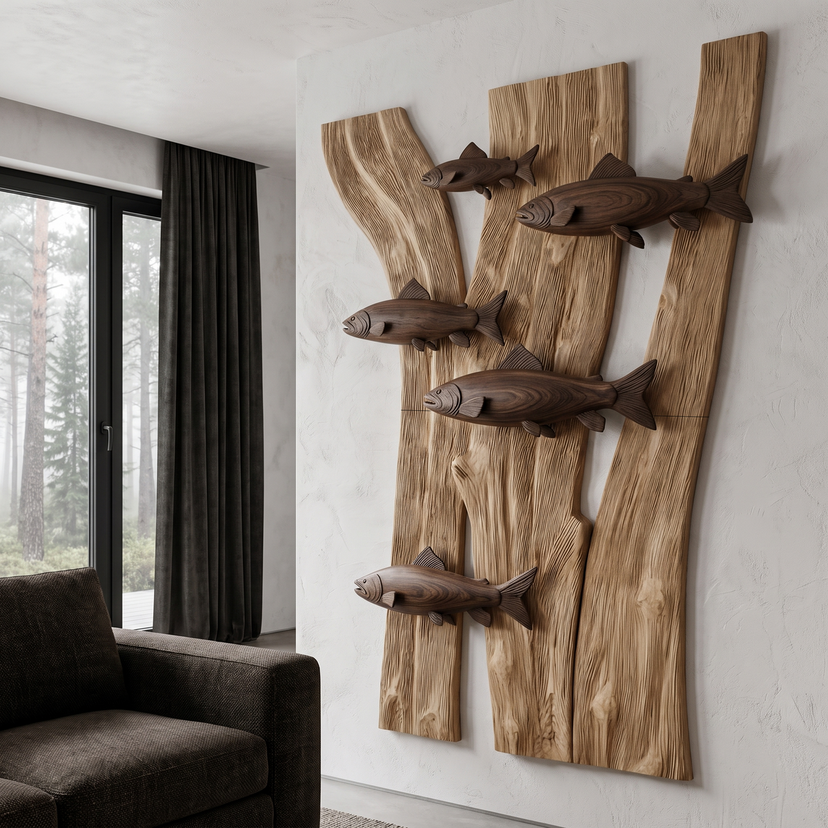 Contemporary Wooden Fish Wall Decor With Sculptural River Scene For Living Room And - view 7