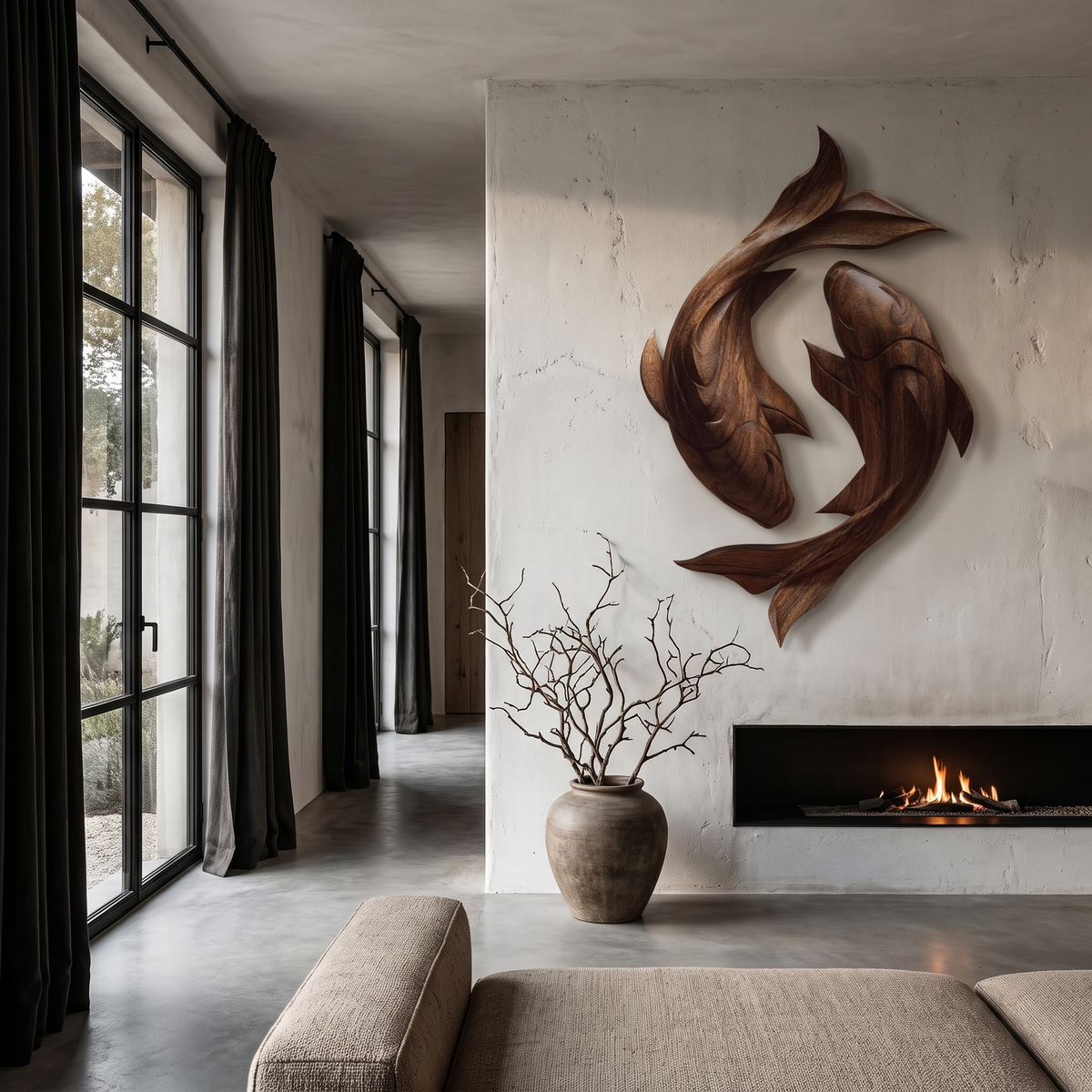 Contemporary Wood Wall Sculpture With Carved Koi Fish Design For Living Room And Office - view 7