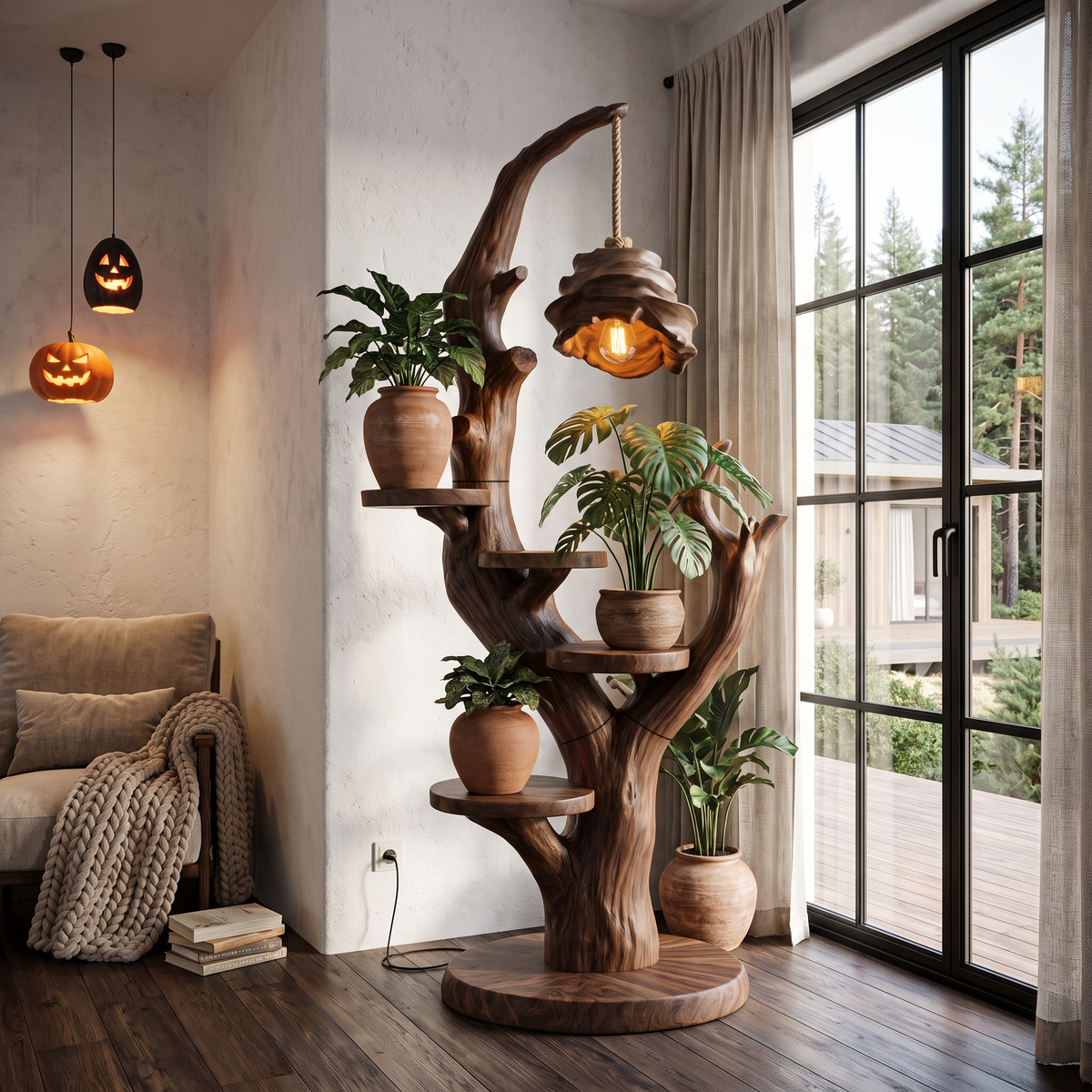 Contemporary Halloween Plant Display Stand With Floating Circular Shelves For Entryway - view 7