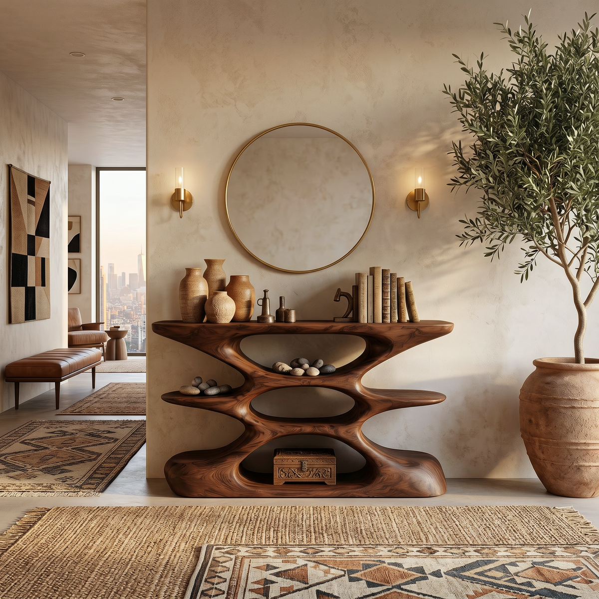 Contemporary Sculptural Wood Console Table With Cutout Shelves For Living - view 7