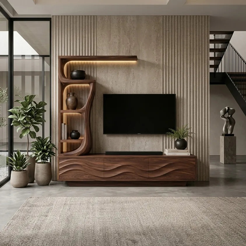 Contemporary Wave Carved Wooden TV Stand With Shelf For Living Room - view 7